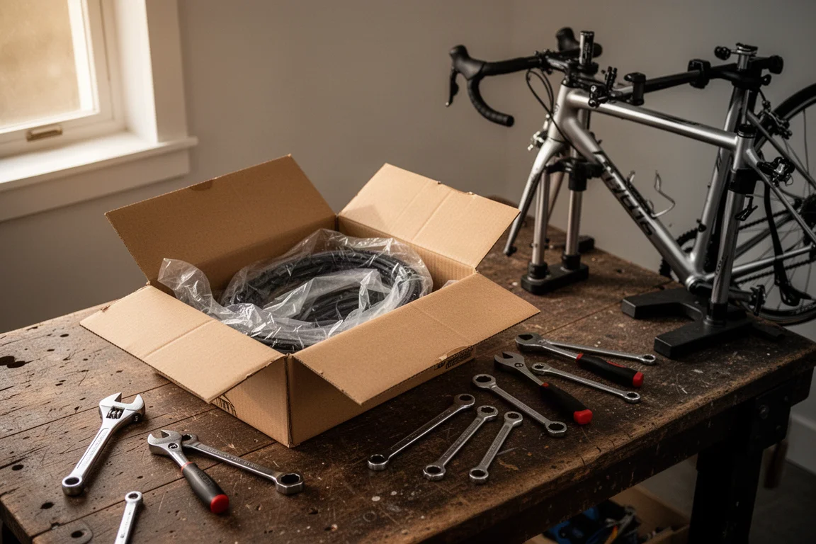 Bancada de oficina doméstica com um pacote de peças de bicicleta aberto, um quadro no suporte e ferramentas manuais