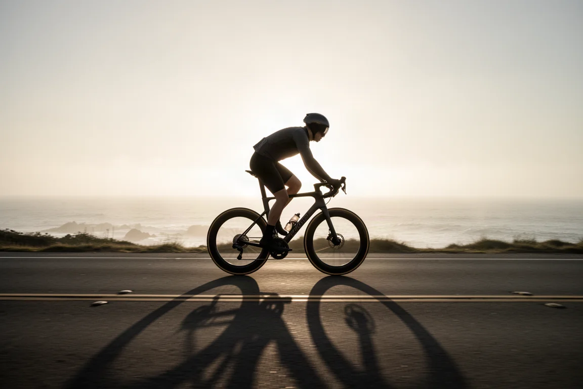 Ciclista de estrada em uma via costeira ao amanhecer com rodas de perfil alto e uma sombra longa