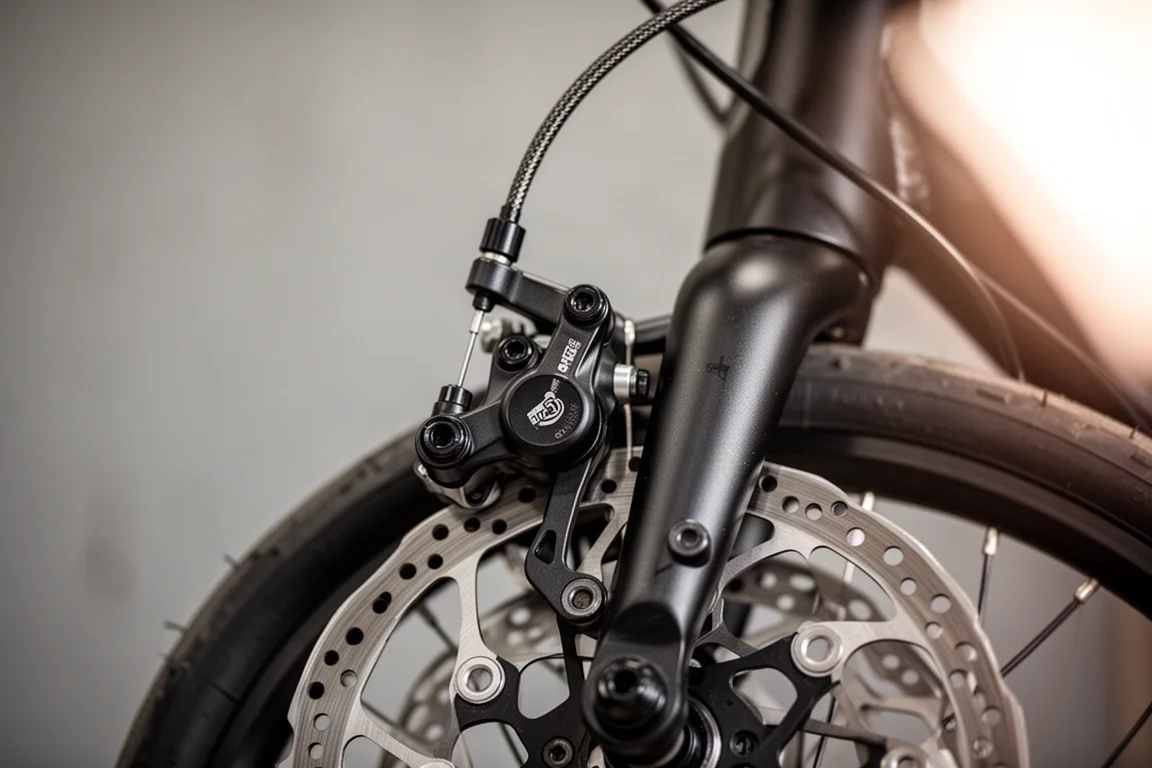 Close-up de uma pinça de freio a disco acionada por cabo e disco montados no garfo de uma bicicleta