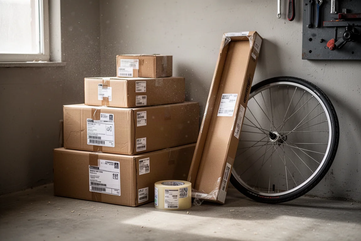 Pacotes de entrega empilhados e uma caixa de quadro contra a parede da oficina com uma roda de bicicleta