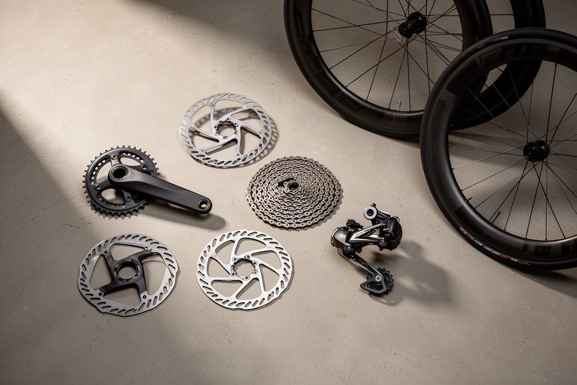 Overhead flat lay of bike components including a carbon crankset, rotors, chain and wheels