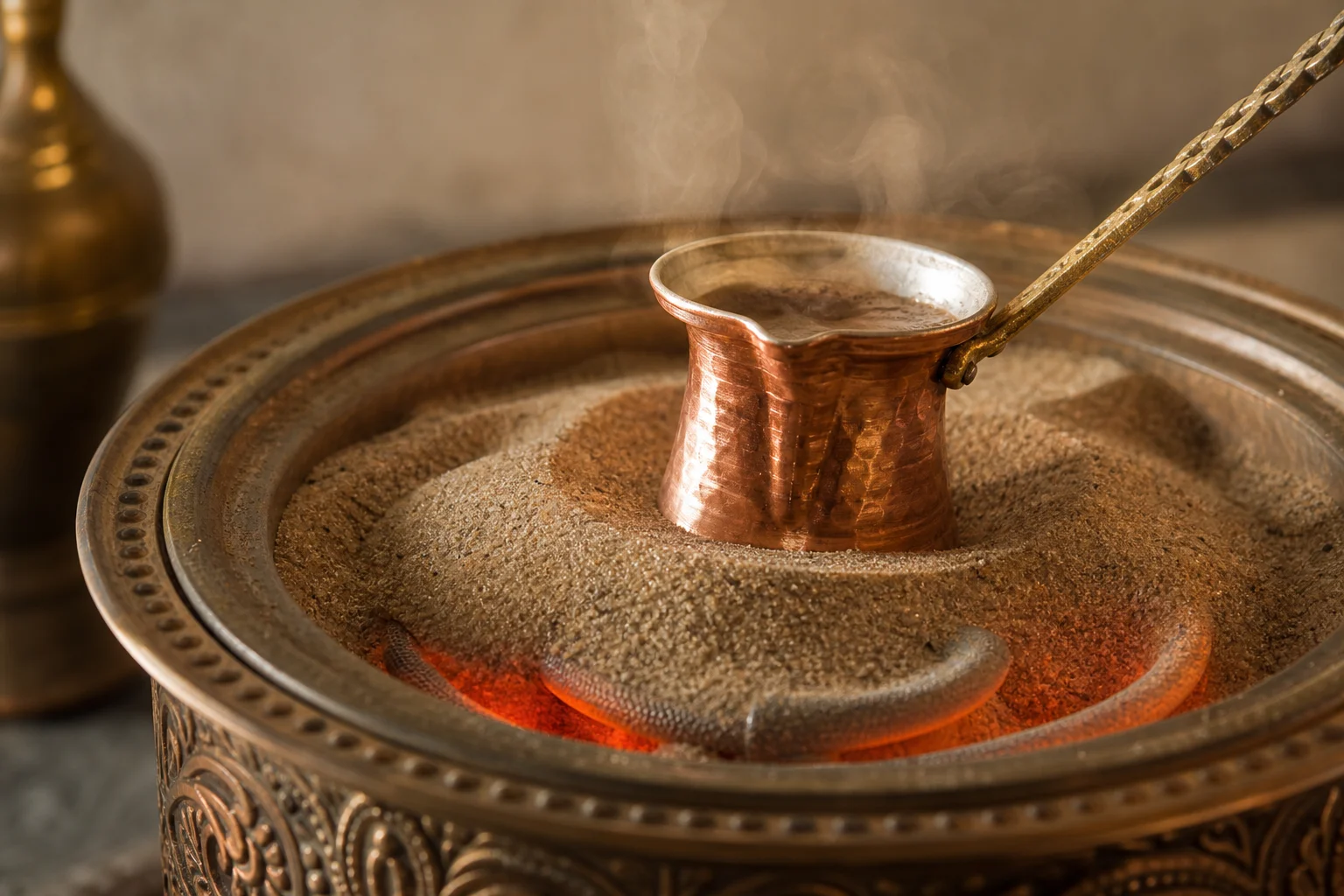 Turkish coffee brewing setup with sand heater and copper pot