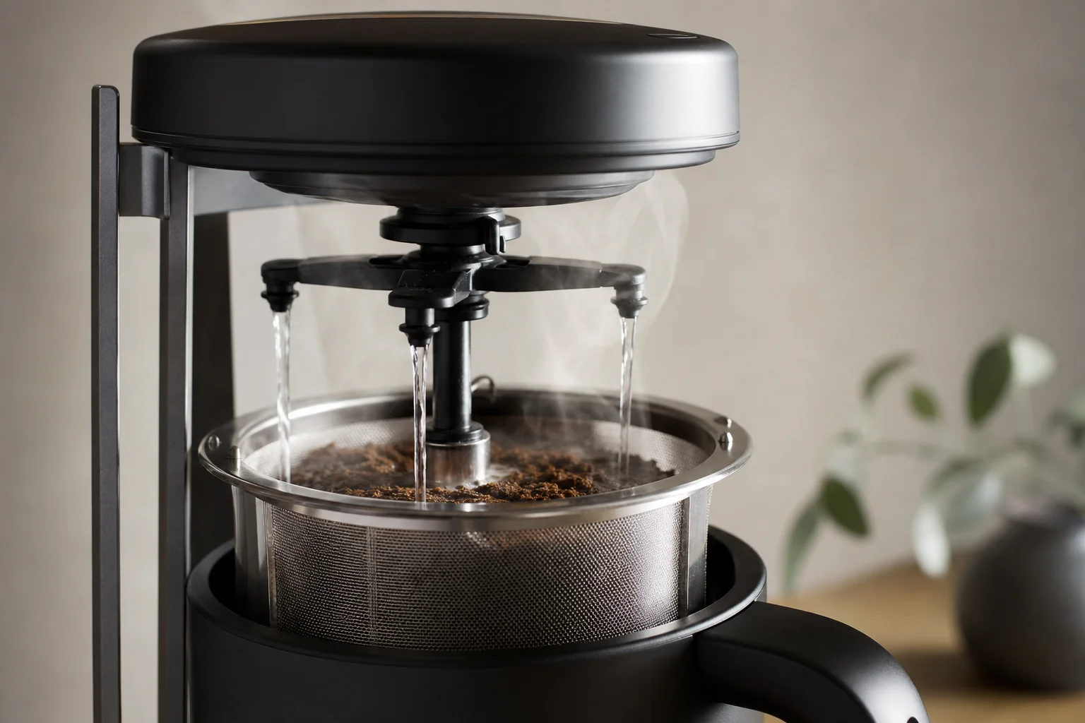 Automatic brewer dispensing water with rotating mechanism in action