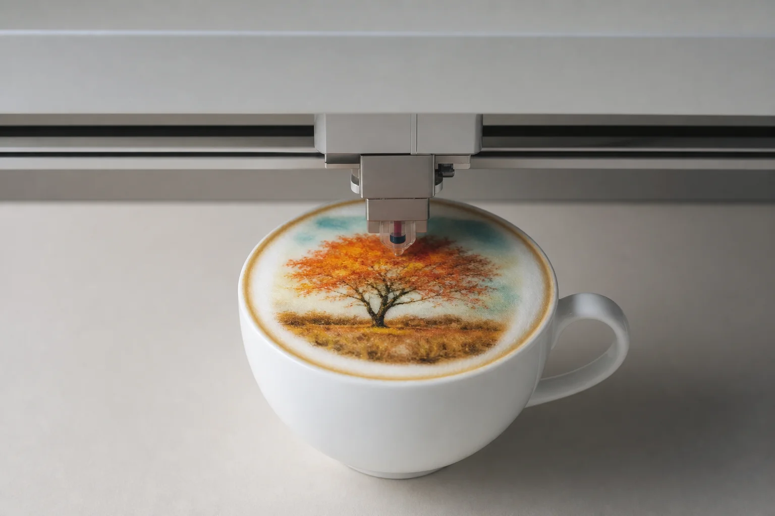 Latte art printer displaying full-color image on white coffee foam