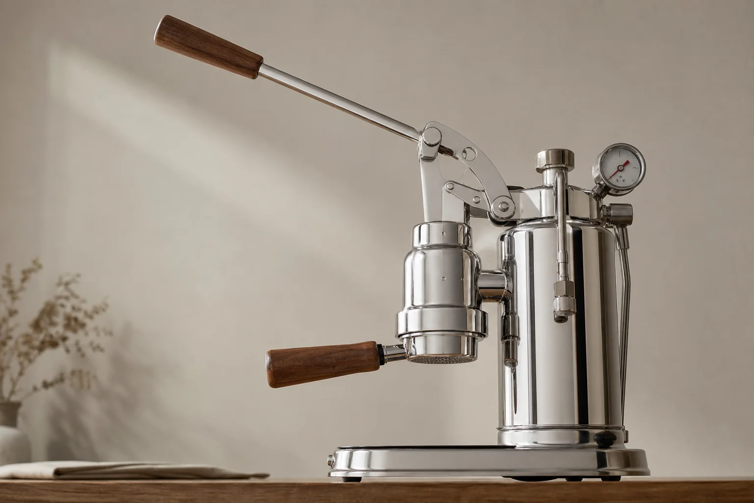Manual lever espresso machine with pressure gauge and mechanical components