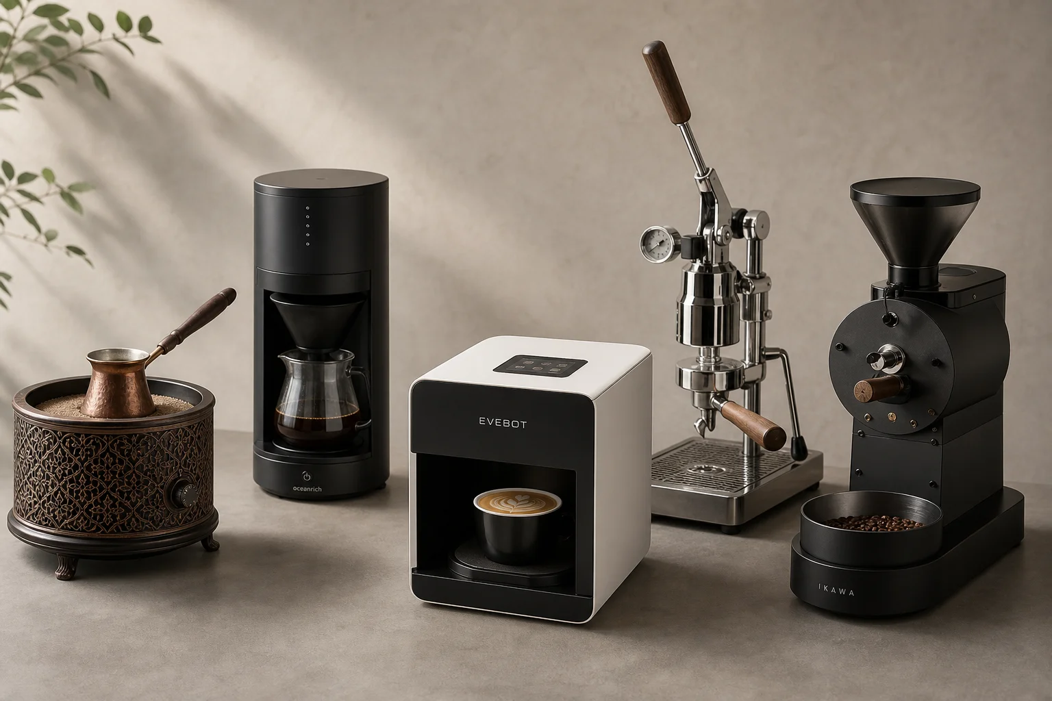 Collection of five coffee brewing and roasting devices arranged on concrete surface