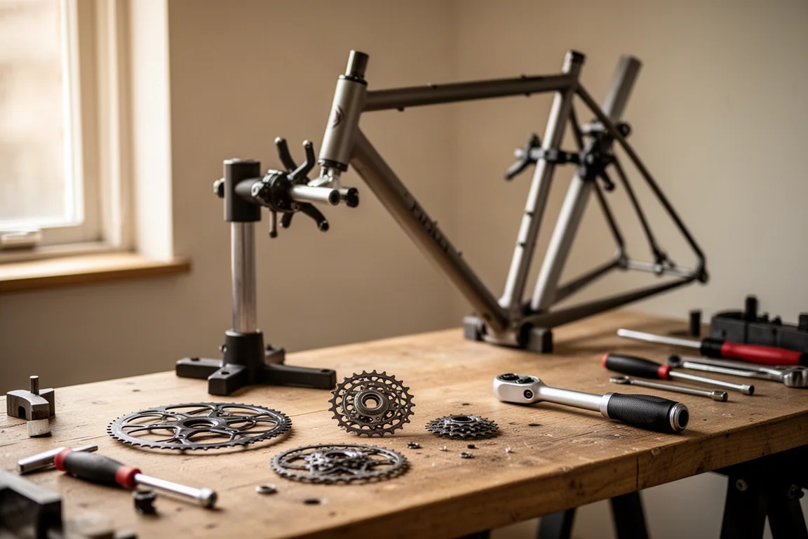Workshop bench with a bicycle in a repair stand and small components laid out