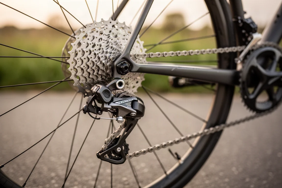 Close-up of a lightweight cassette and rear derailleur on a road bike