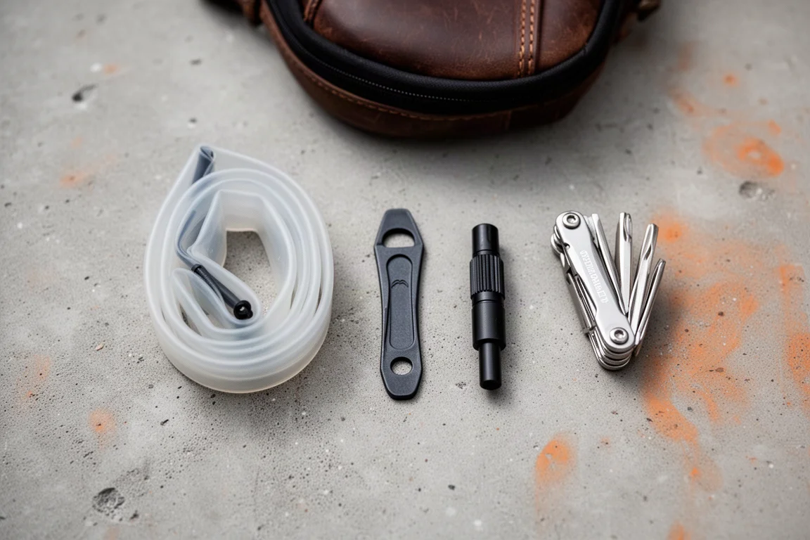 Flat-lay of saddle bag contents including a folded TPU inner tube and tools