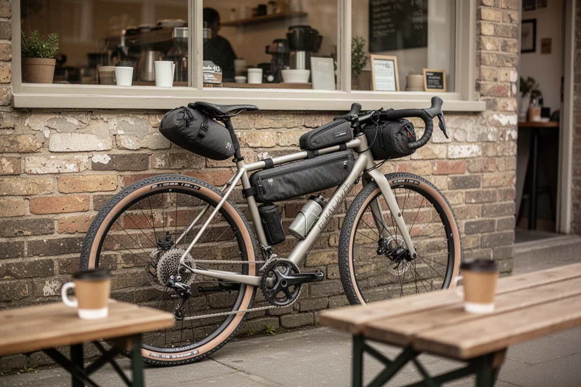 Gravel bike with saddle bag leaning against a brick wall outside a cafe