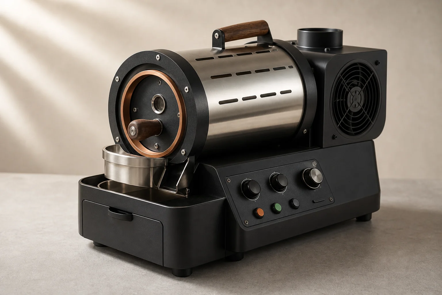 Collection of five coffee brewing and roasting devices arranged on concrete surface