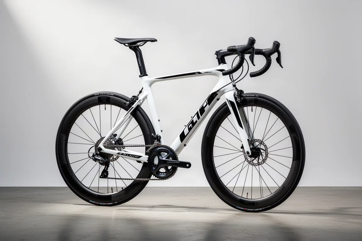 Rim brake road race bike with deep-section carbon wheels on a neutral studio backdrop