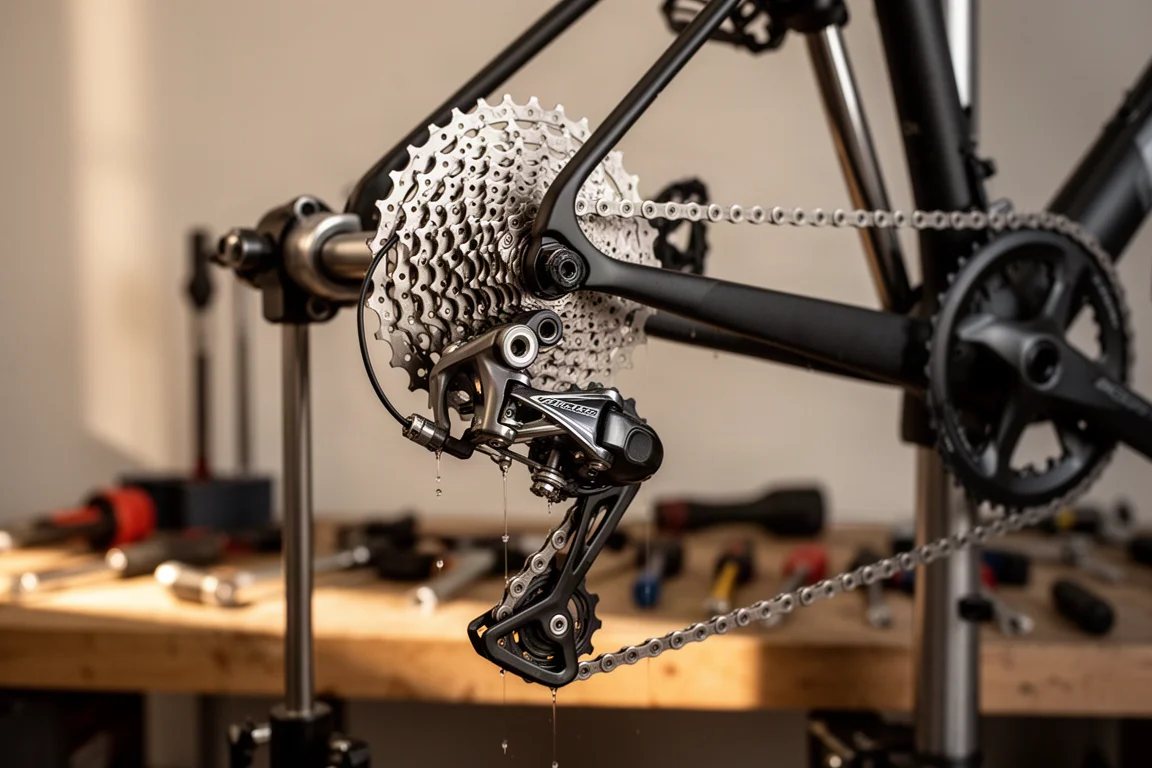 Fahrradmechaniker stellt ein Schaltwerk an einem Rennrad in einer Heimwerkstatt ein
