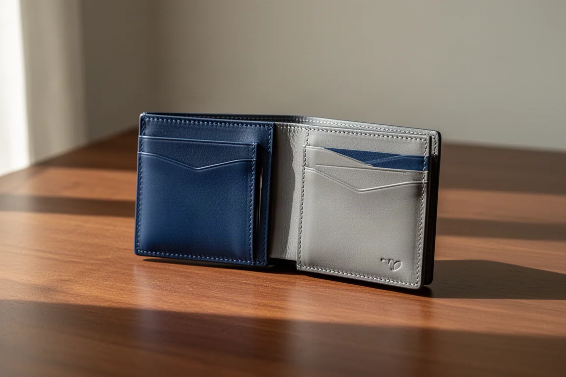 Cartera bifold de cuero azul y gris abierta sobre un escritorio de madera