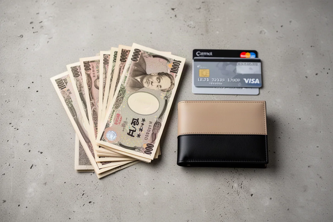 Billetes doblados y tarjetas de crédito junto a una cartera de cuero delgada