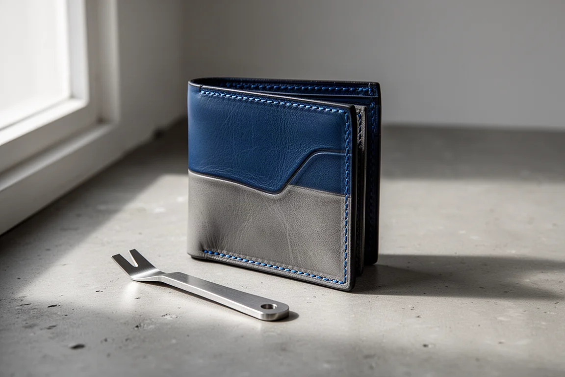 Portafoglio bifold in pelle blu e grigia con un piccolo pry bar in acciaio sul cemento