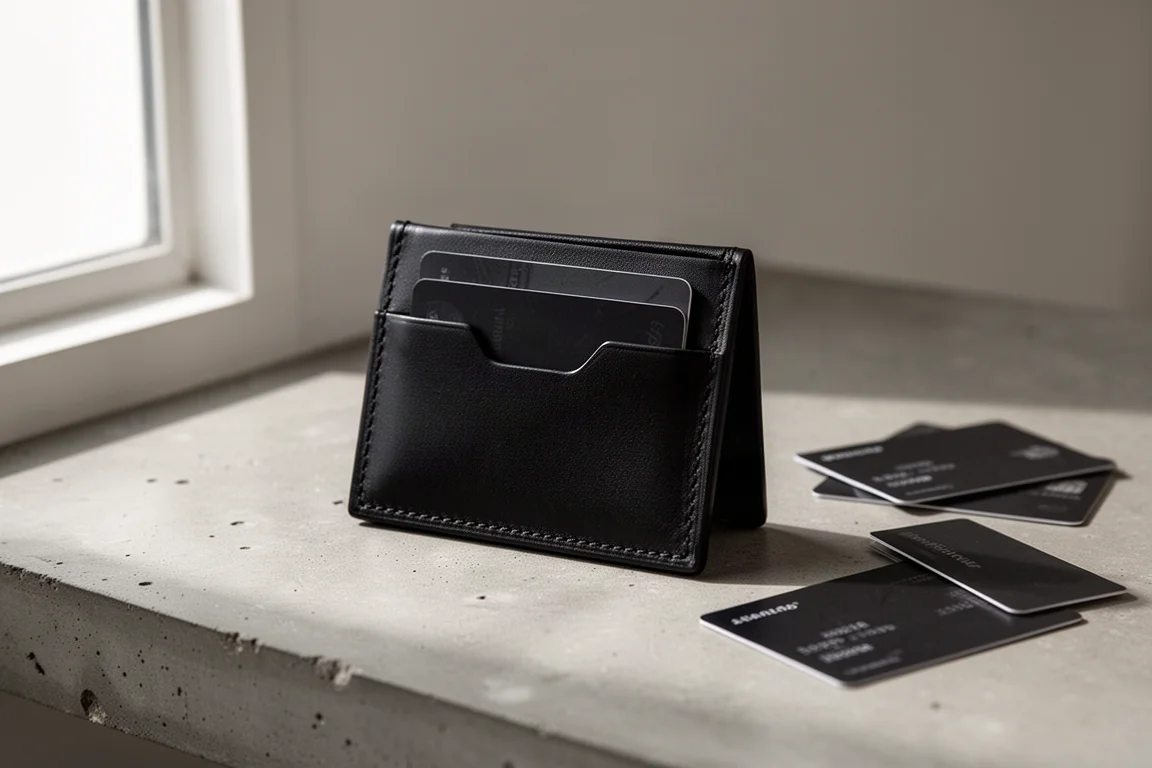 Schwarze minimalistische Leder-Kartenetui auf einem Betontisch mit ein paar Karten daneben