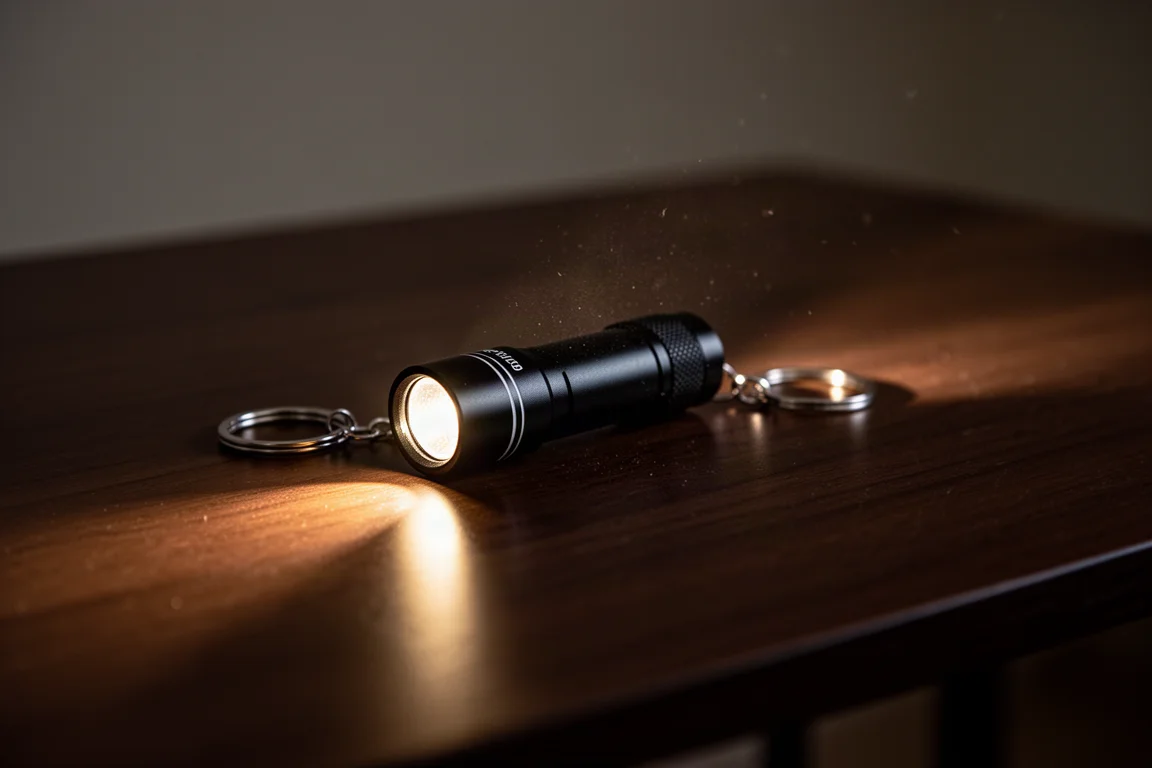 Kleine Schlüsselbund-Taschenlampe wirft nachts einen warmen Lichtkegel über eine dunkle Oberfläche