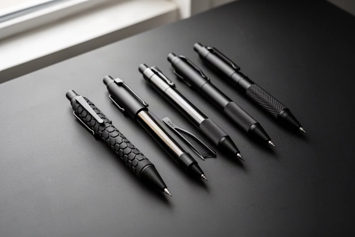 Flat lay di diverse matite meccaniche nere opache disposte su una scrivania scura