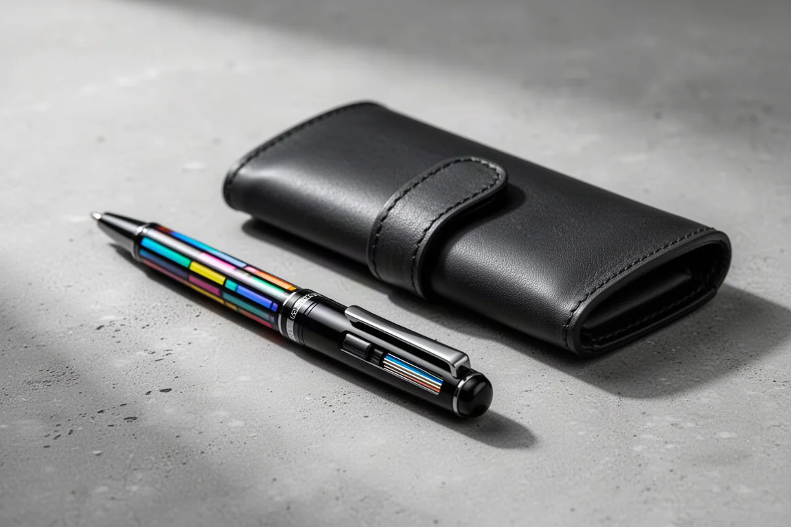 Penna multicolore appoggiata su una scrivania accanto a un astuccio in pelle