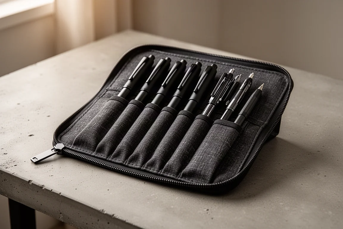 Astuccio aperto con strumenti di scrittura total black disposti con cura al suo interno