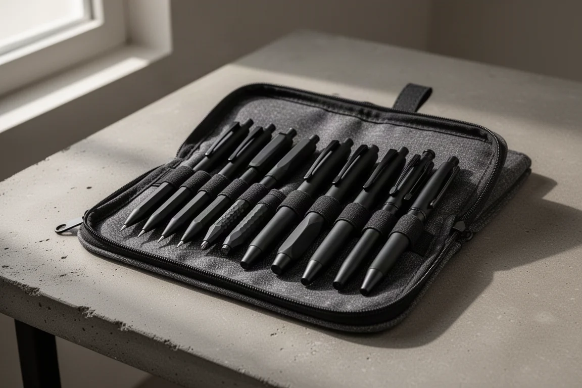 Astuccio aperto con una fila ordinata di penne e matite meccaniche total black