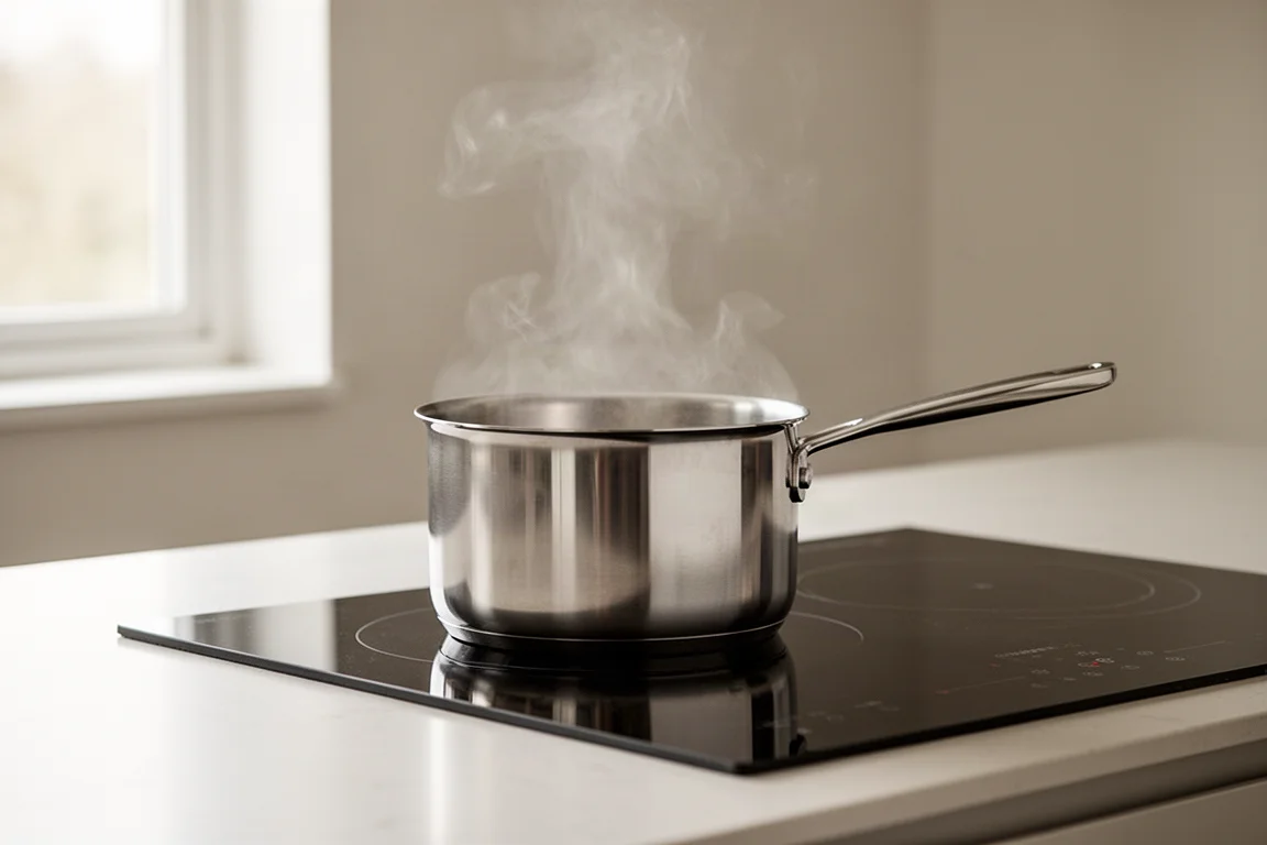 Stainless steel saucepan heating evenly on a modern induction cooktop