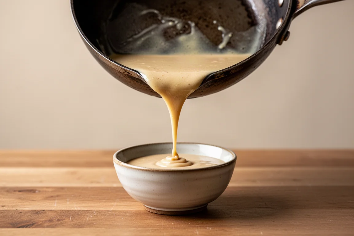 Cook pouring a sauce from a pan with flared rims into a small bowl
