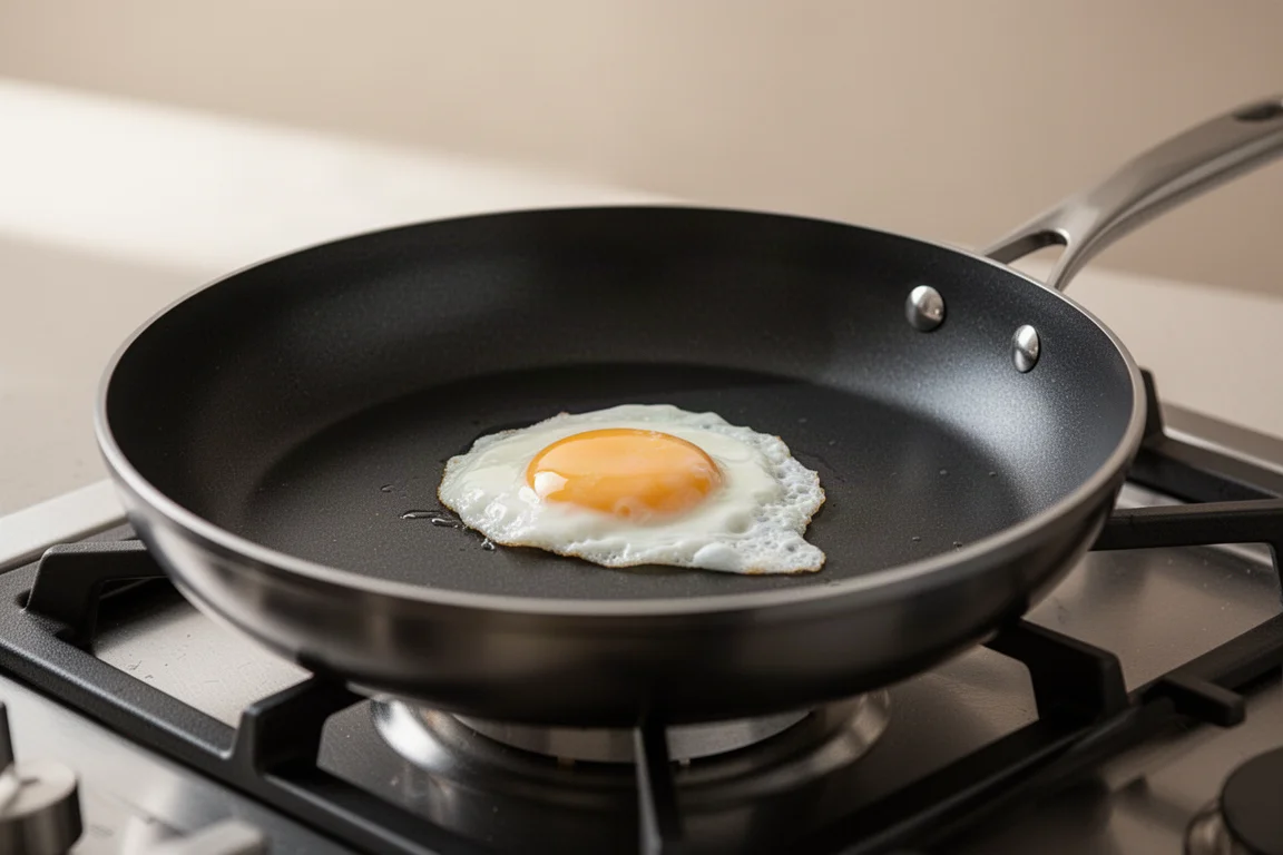 Dark hard anodized non-stick frying pan with an egg sliding easily across its surface