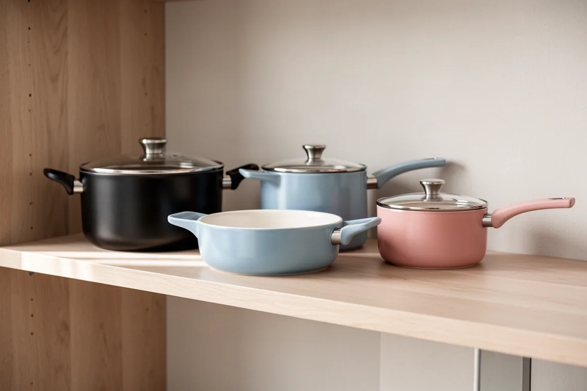 Colorful ceramic-coated cookware pieces arranged on a kitchen shelf