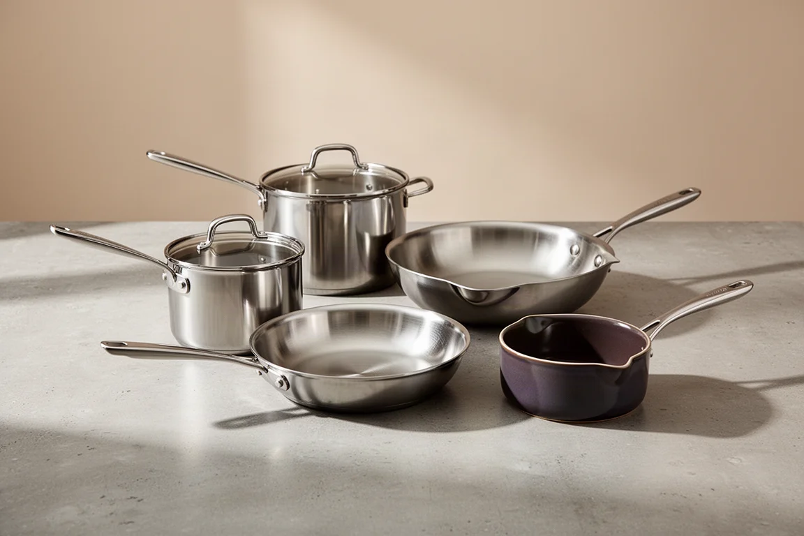 Assortment of stainless steel pots and pans on a concrete kitchen surface