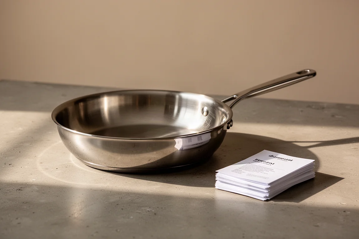 Polished stainless steel fry pan with copper ring detail on a concrete countertop