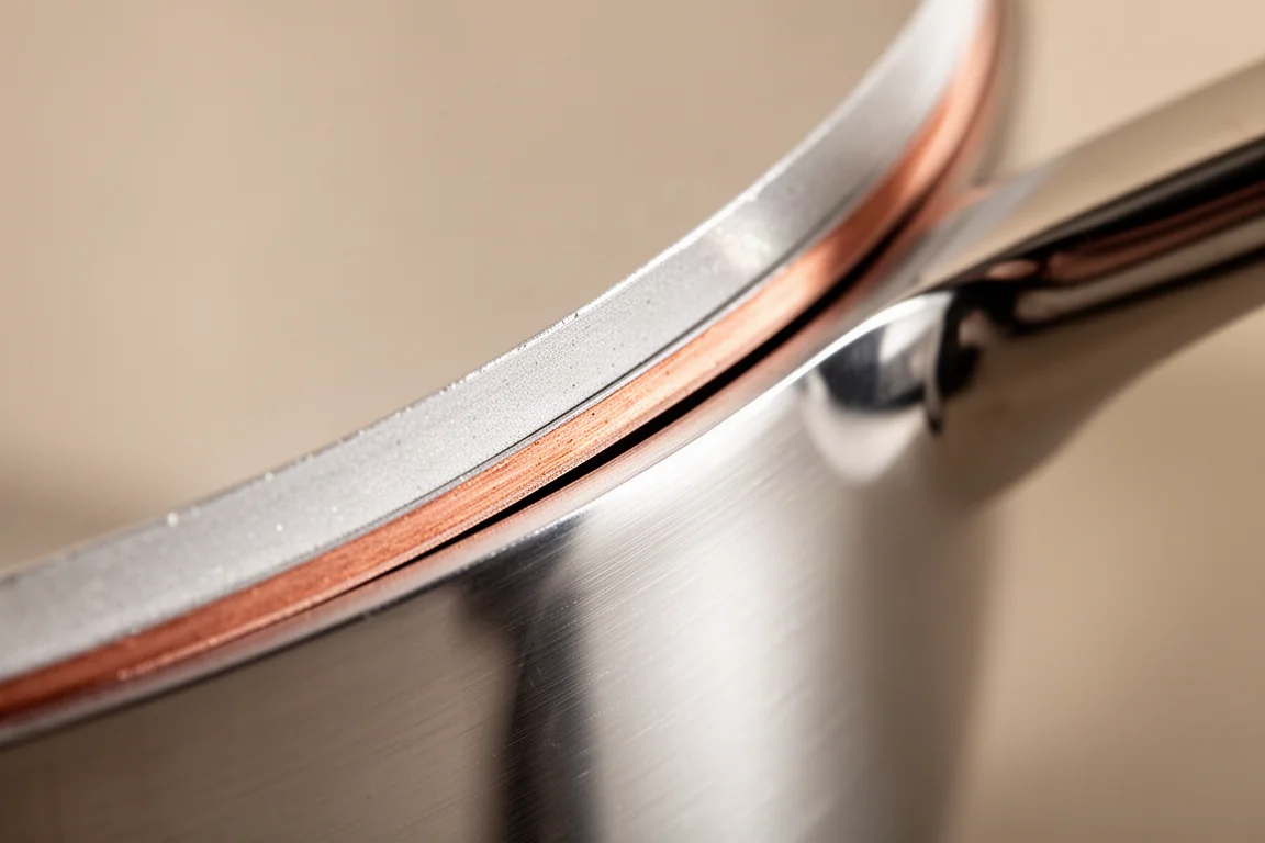 Close-up of a copper core layer sandwiched between stainless steel and aluminum in bonded cookware
