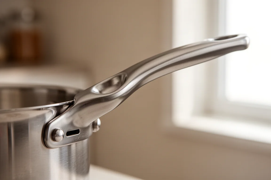 Long stainless steel cookware handle with cup-shaped grip and small heat cutout