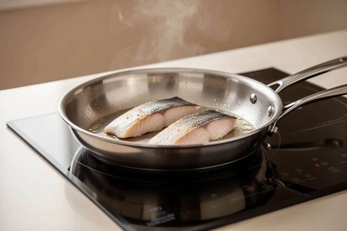 Pan on an induction cooktop with delicate fish fillets being cooked