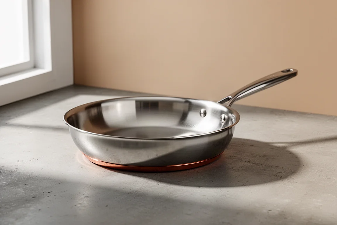 Polished stainless steel fry pan with copper ring accent on a matte concrete surface