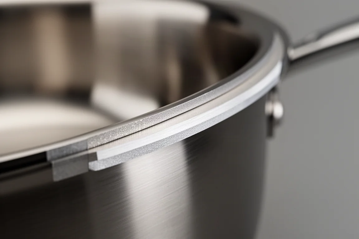 Close-up of a stainless steel pan rim showing three bonded layers