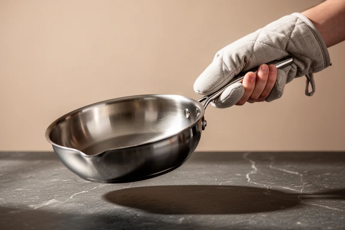 Hand gripping a polished stainless steel pan handle mid-pour