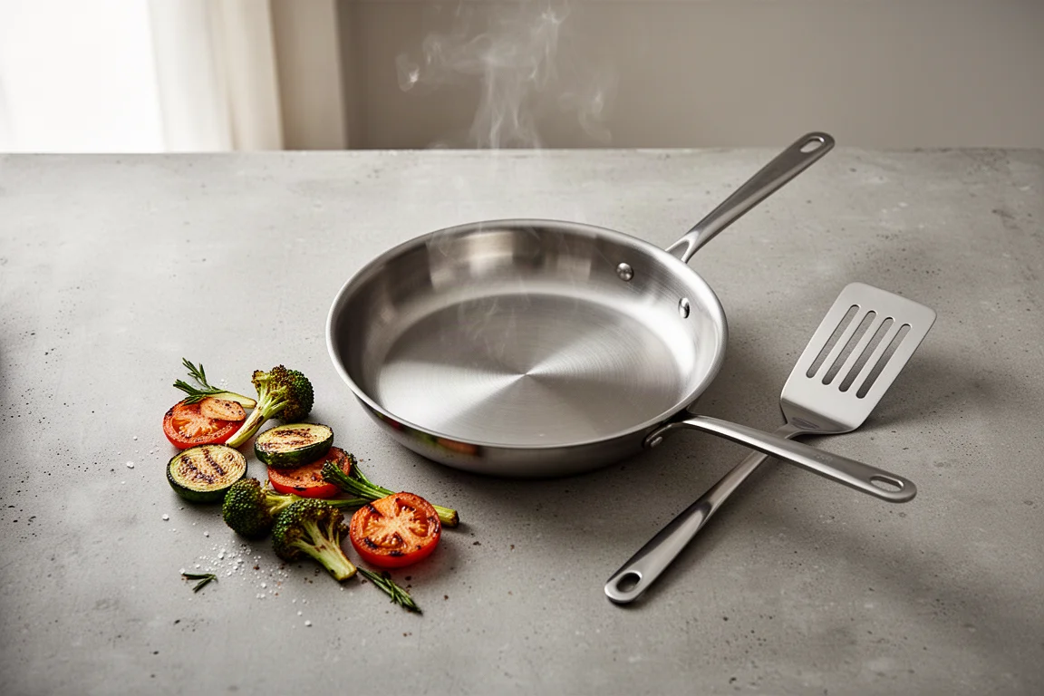 Overhead view of a skillet cooking food across a wide flat surface