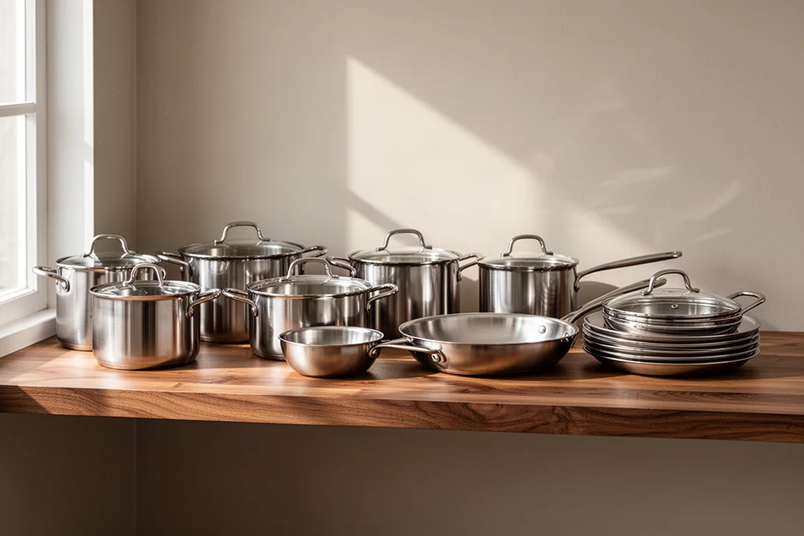 Polished stainless cookware collection arranged on kitchen shelving