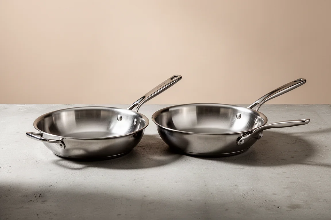 Two polished stainless steel frying pans with different handle designs on a concrete surface