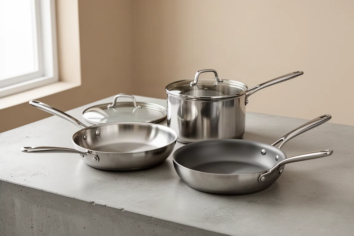 Three stainless steel All-Clad cookware pieces on a concrete kitchen surface