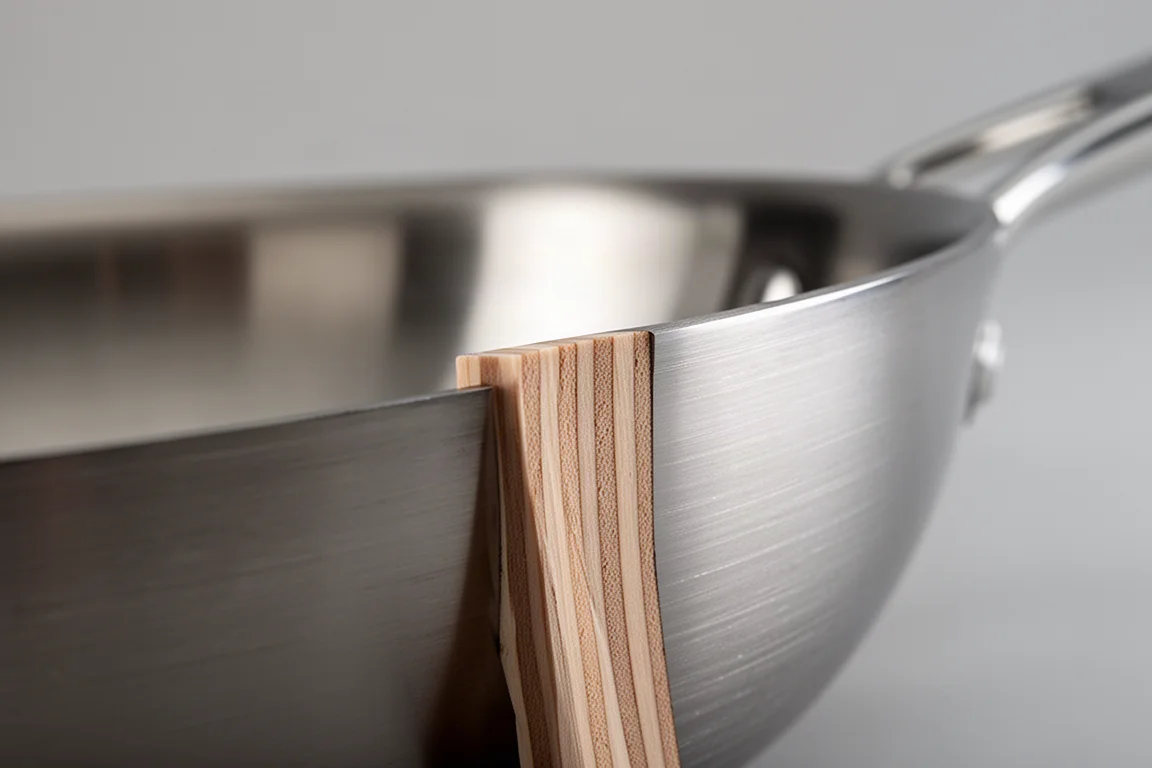 Close-up of layered stainless steel pan wall showing thick multi-ply construction