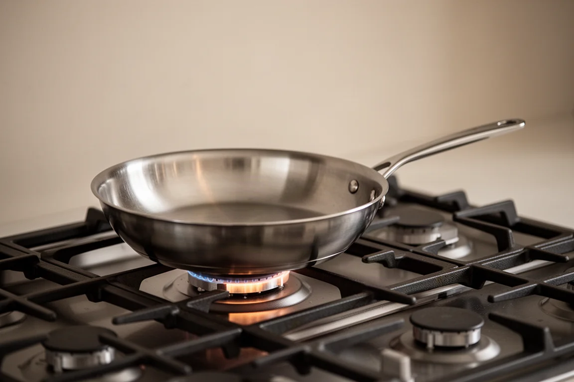Frying pan on a stovetop with gentle heat and soft kitchen lighting