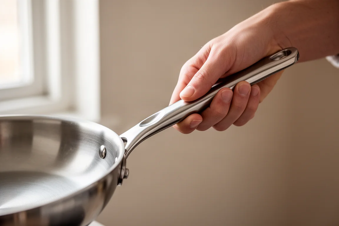 Hand gripping the distinctive contoured handle of a stainless steel pan