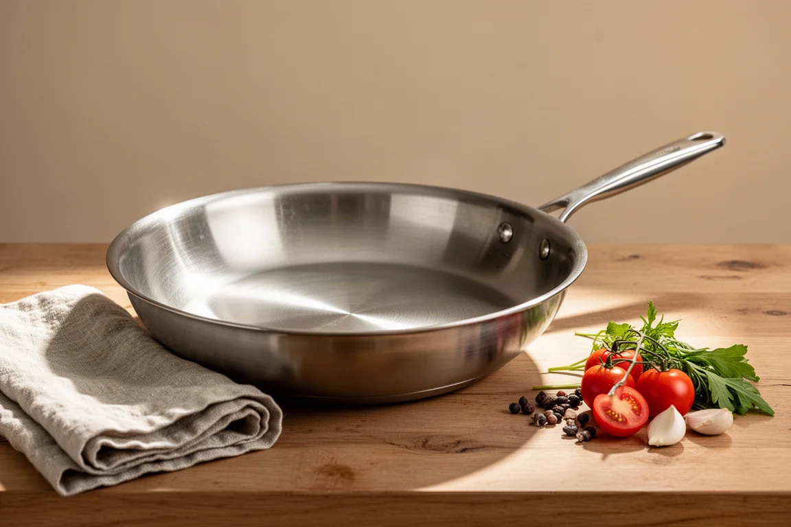 Brushed stainless steel pan surface reflecting soft light with food cooking gently