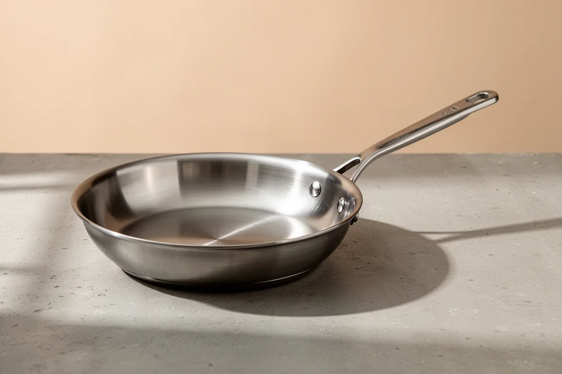 All-Clad D5 12-inch brushed stainless steel frying pan on a concrete surface
