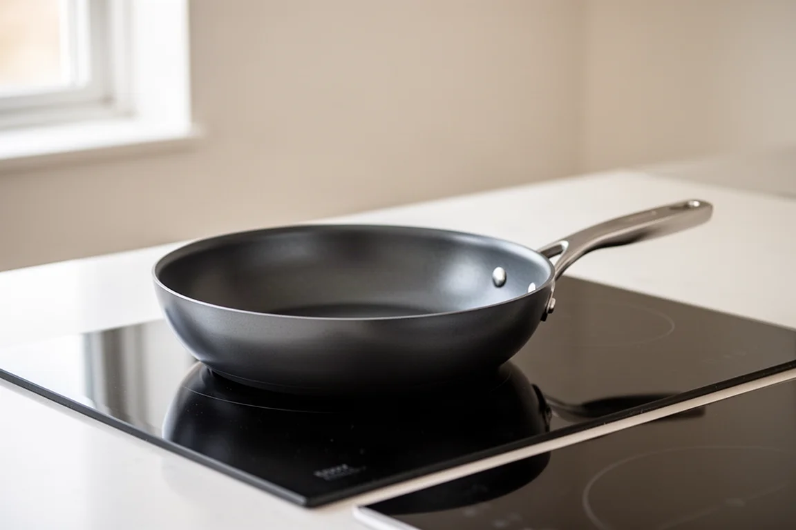 Hard anodized aluminum fry pan sitting on a modern stovetop in soft daylight