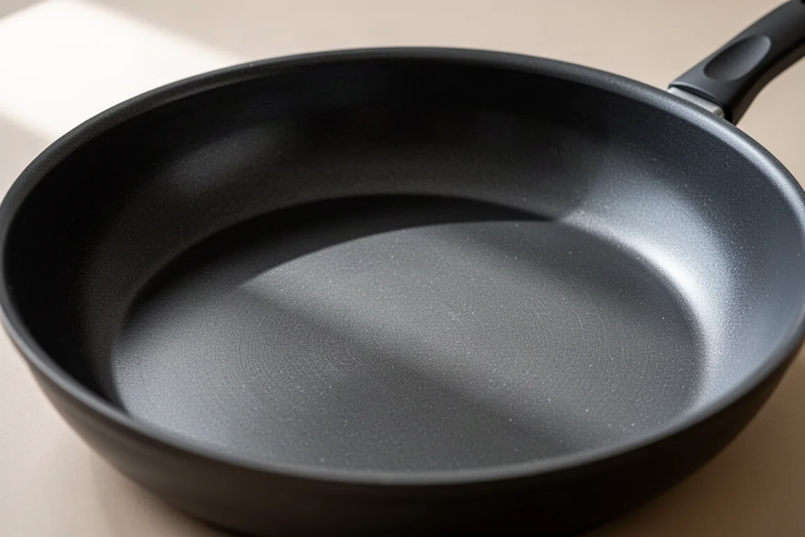 Close-up of a smooth dark non-stick pan interior under soft light