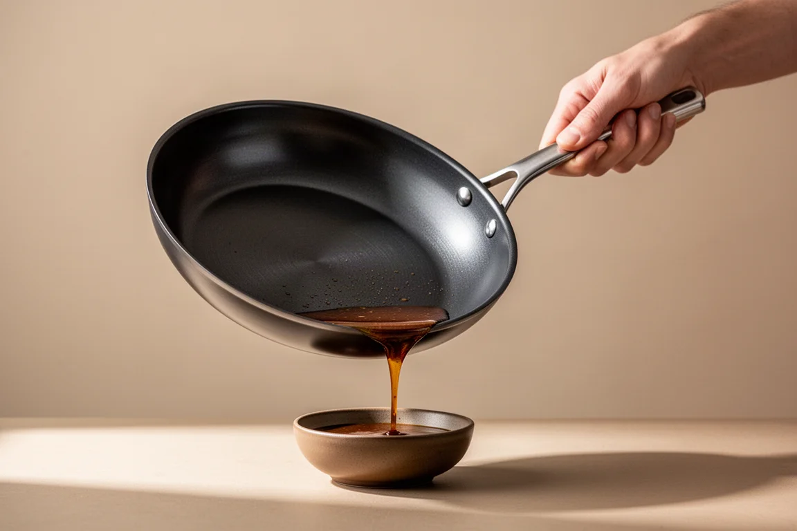 Chef tilting a fry pan to pour sauce while gripping the handle firmly